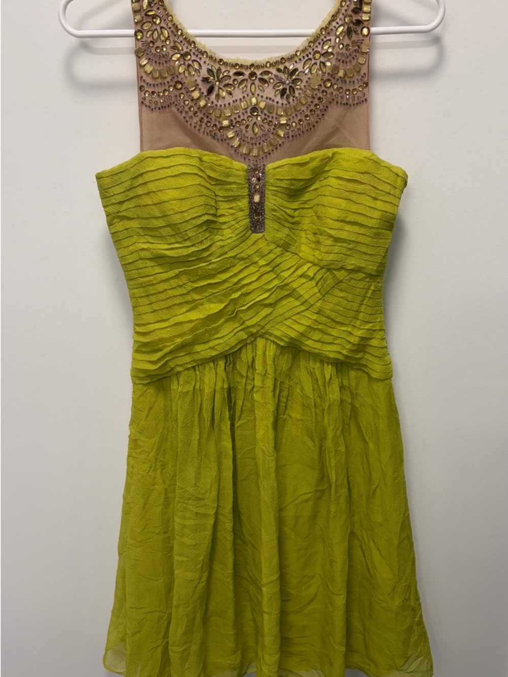 BCBG MaxAzria Chartreuse 100% Silk Jeweled Mesh Cocktail Dress — Size 6